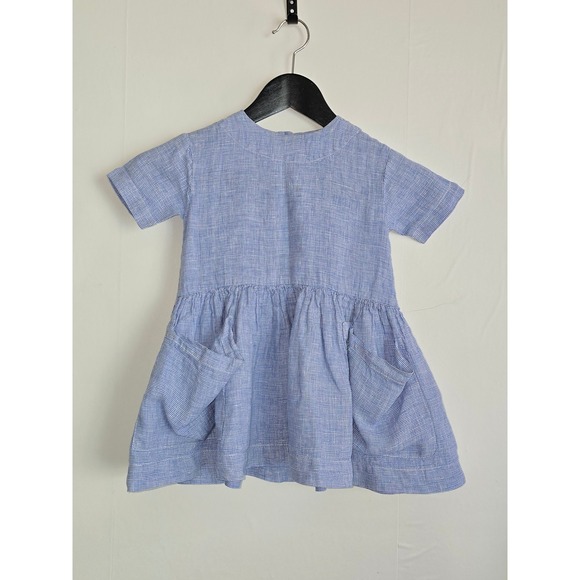 As we grow Other - As We Grow Girls 100% Linen Dress 18 months Blue Micro Check Pockets coastal